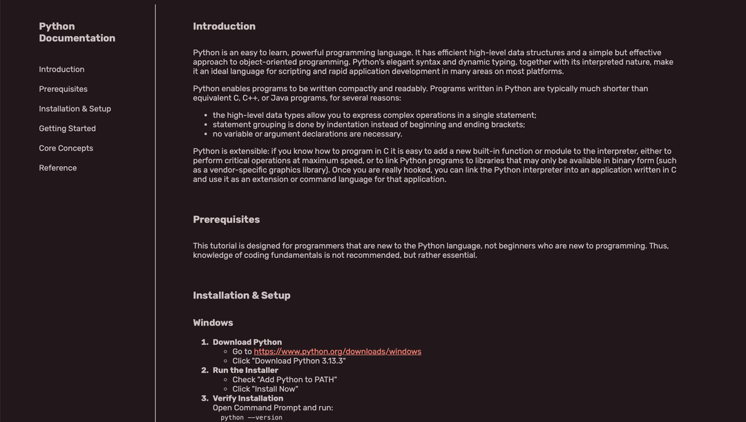 Python documentation webpage
